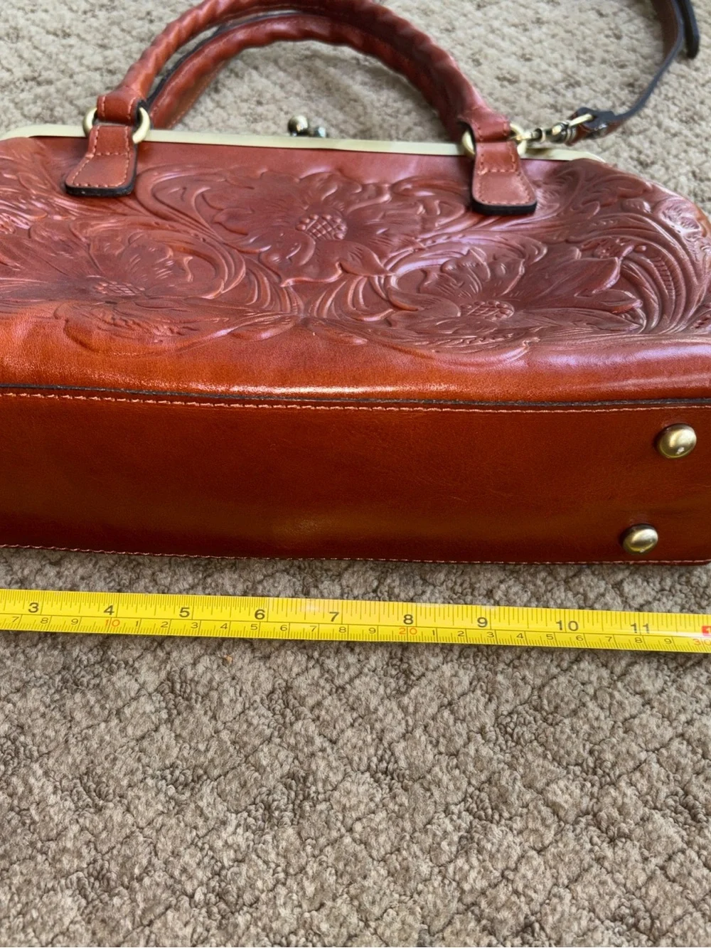 Patricia Nash luxury designer brown Leather handbag embossed floral design